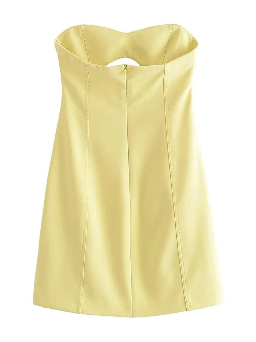 Yellow Faux Leather Strapless Sweetheart Bustier Cut Out Panel Mini Dress 2