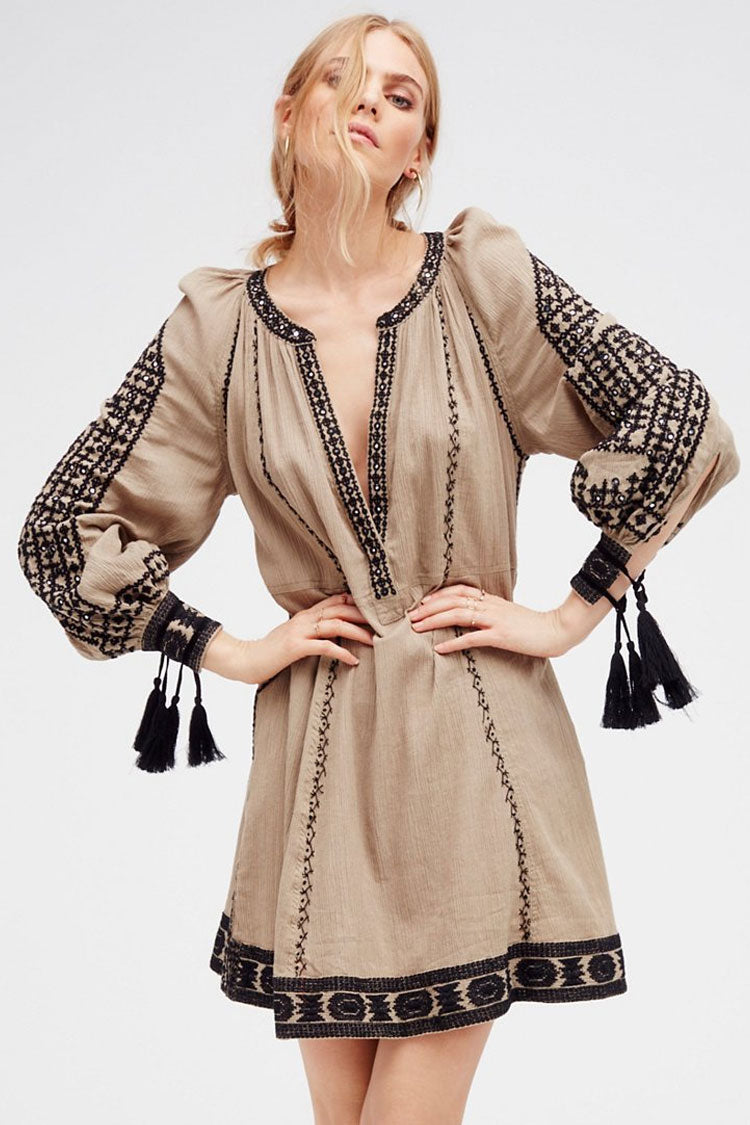 Gray Split Neck Ethnic Embroidered Tassel Cuff Balloon Sleeve Boho Mini Dress
