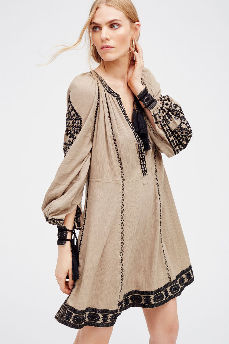 Gray Split Neck Ethnic Embroidered Tassel Cuff Balloon Sleeve Boho Mini Dress