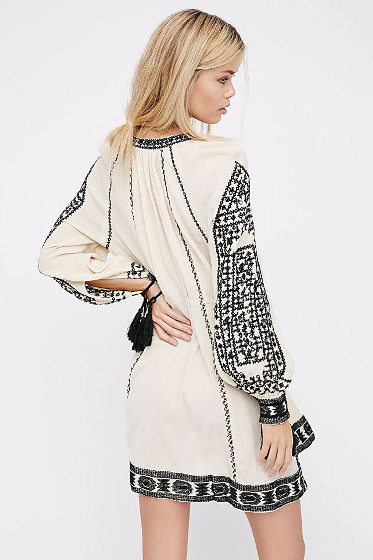 White V-Neck Ethnic Embroidered Tassel Trim Long Sleeve Boho Mini Dress