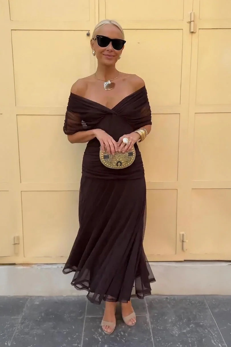 V-Neck Draped Sleeve Chiffon Ruched Waist A-Line Gown 3