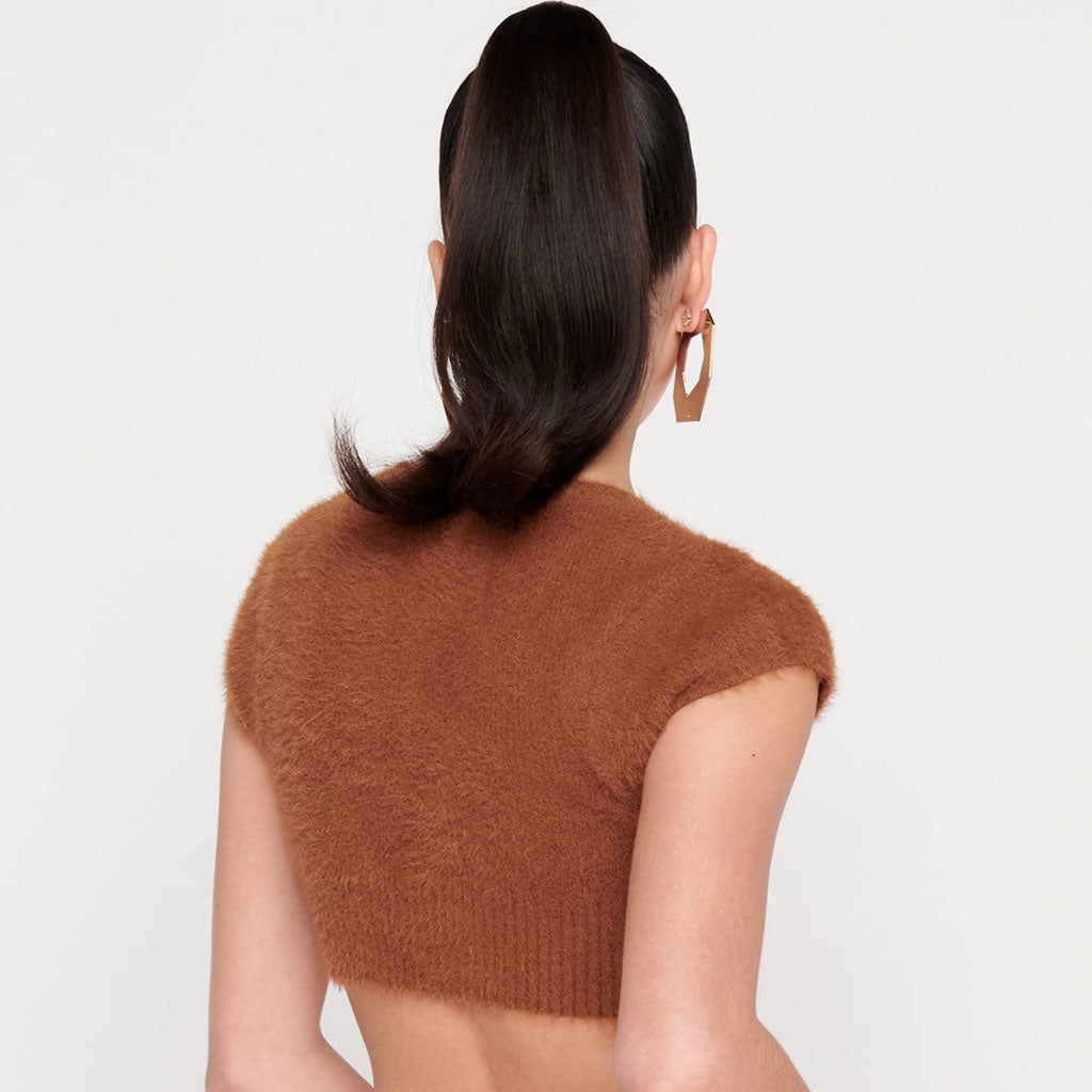 Camel Front Clasp Fuzzy Knit Short Sleeve Cropped Cardigan