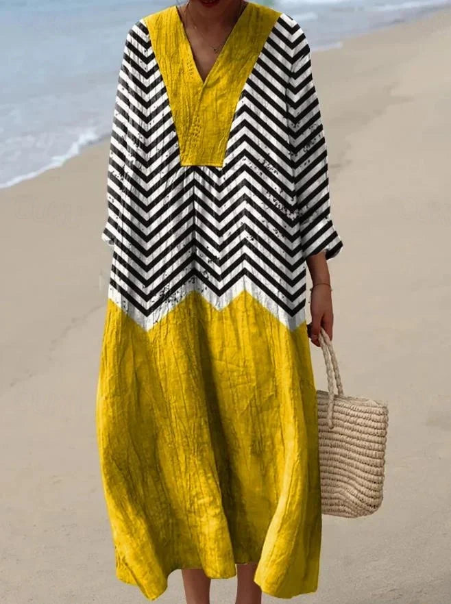 V-Neck Long Sleeve Chevron Colorblock Relaxed Maxi Dress