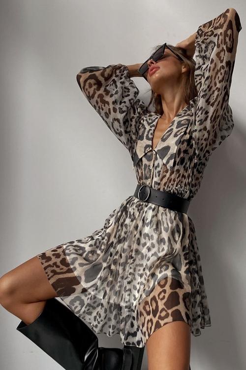 Melisa Timeless Printed Chiffon V Neck Mini Dress with Belt Designer Edit