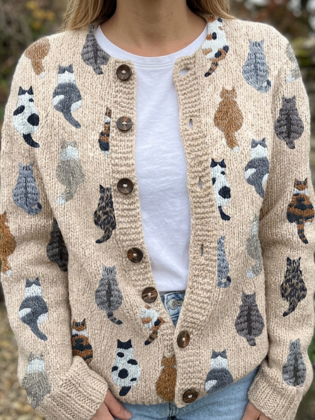 Round Neck Button Front Cat Print Knit Cardigan
