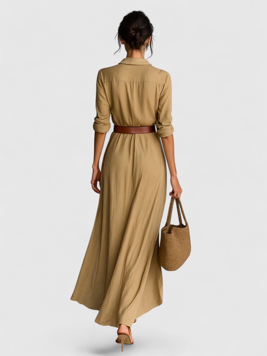 Collared Long Sleeve Belted Ruched Wrap Shirt Maxi Dress 7