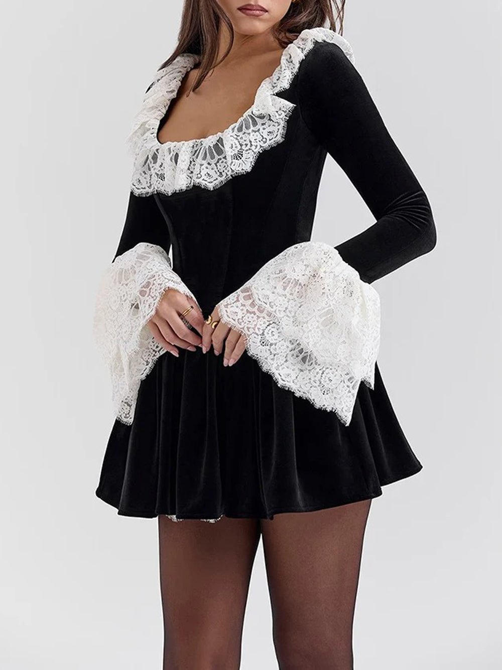 Black Velvet Lace Trim Ruffle Collar Bell Cuff Fit and Flare Mini Dress 3