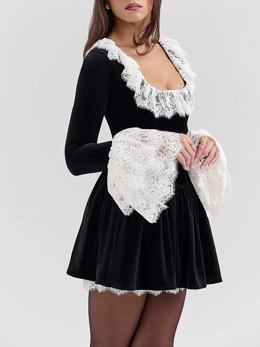 Black Velvet Lace Trim Ruffle Collar Bell Cuff Fit and Flare Mini Dress 4