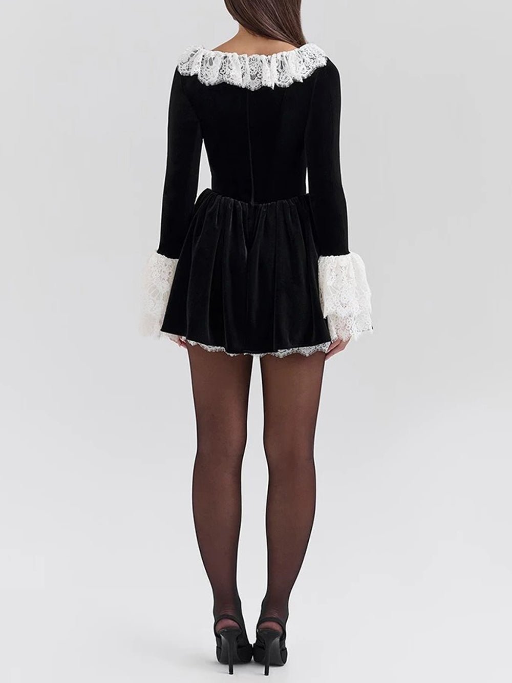 Black Velvet Lace Trim Ruffle Collar Bell Cuff Fit and Flare Mini Dress 2