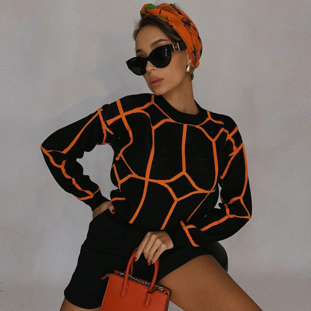 Black Geometric Pattern Crew Neck Drop Shoulder Long Sleeve Sweater