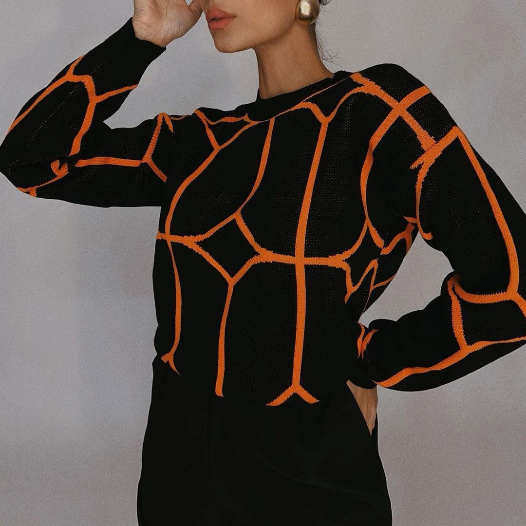 Black Geometric Pattern Crew Neck Drop Shoulder Long Sleeve Sweater 3