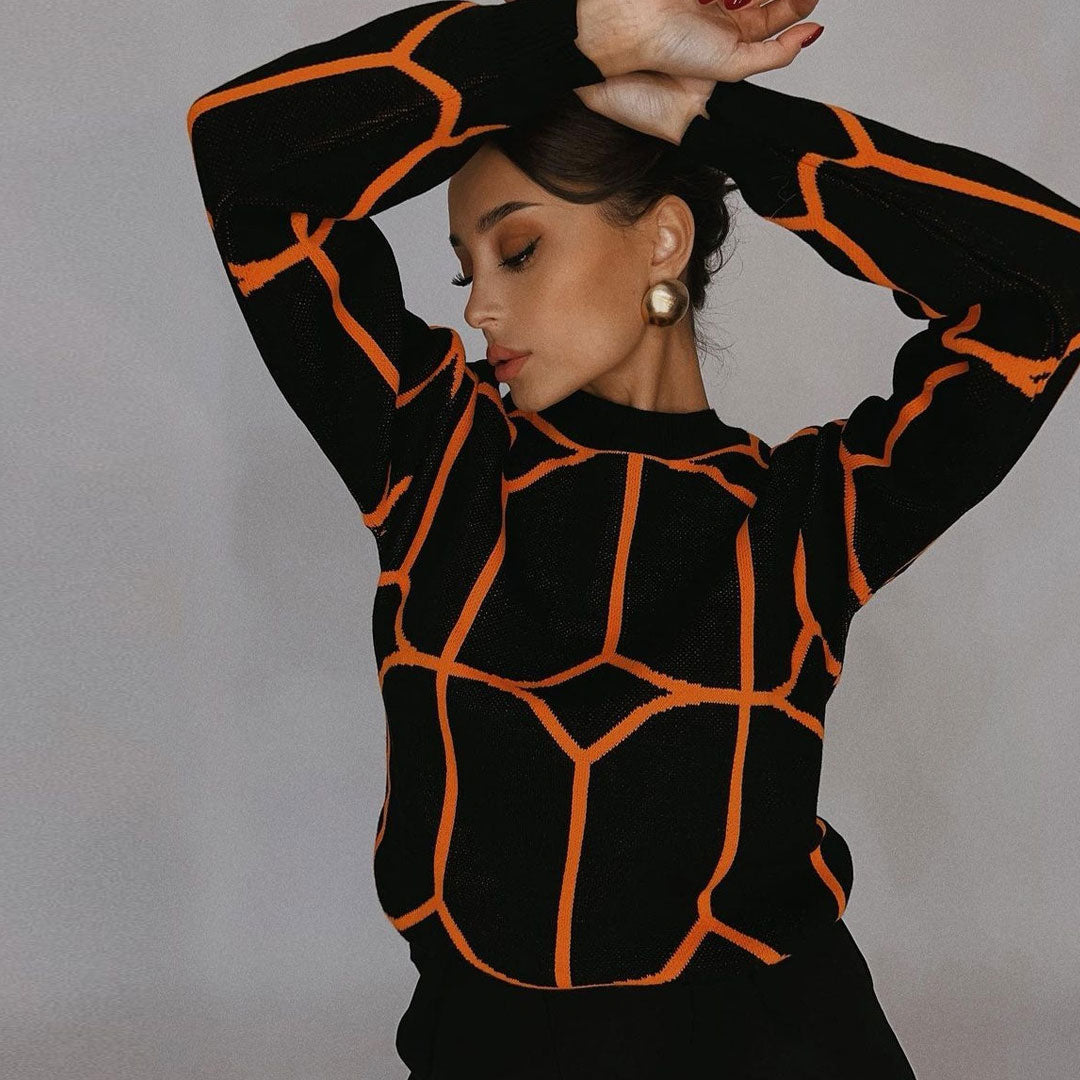 Black Geometric Pattern Crew Neck Drop Shoulder Long Sleeve Sweater 2
