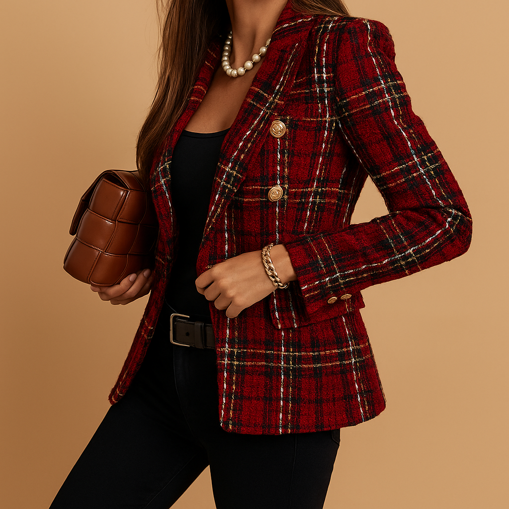 Notch Lapel Plaid Tweed Gold Button Double-Breasted Blazer