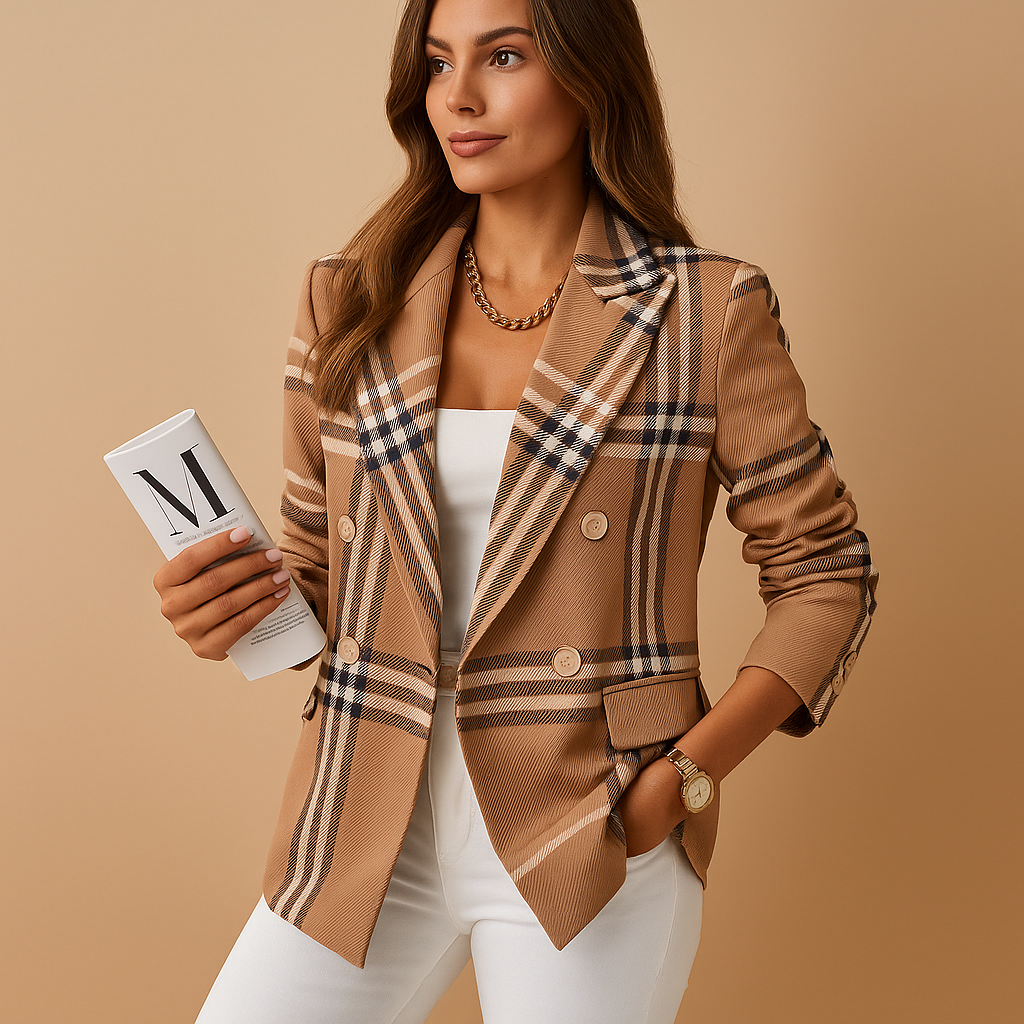 Notch Lapel Plaid Double-Breasted Long Sleeve Blazer