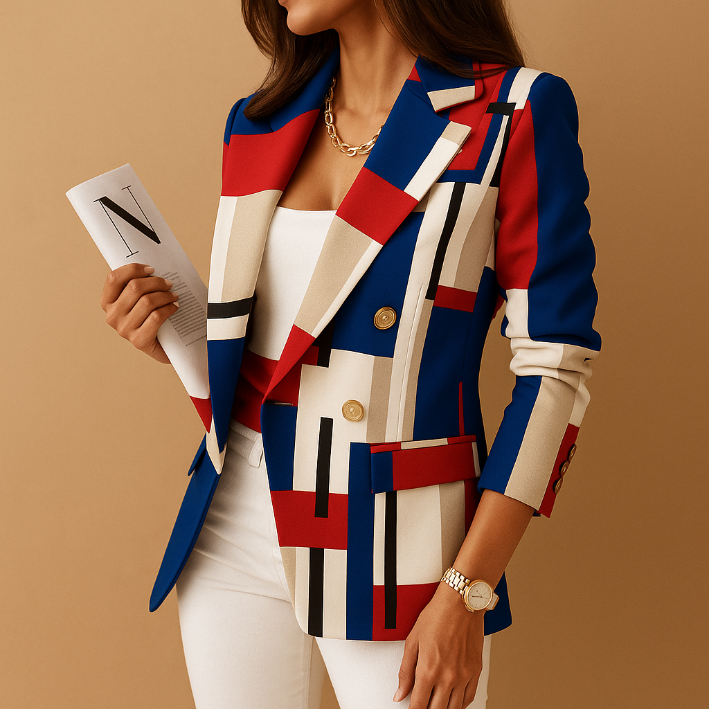 Notch Lapel Plaid Double-Breasted Long Sleeve Blazer
