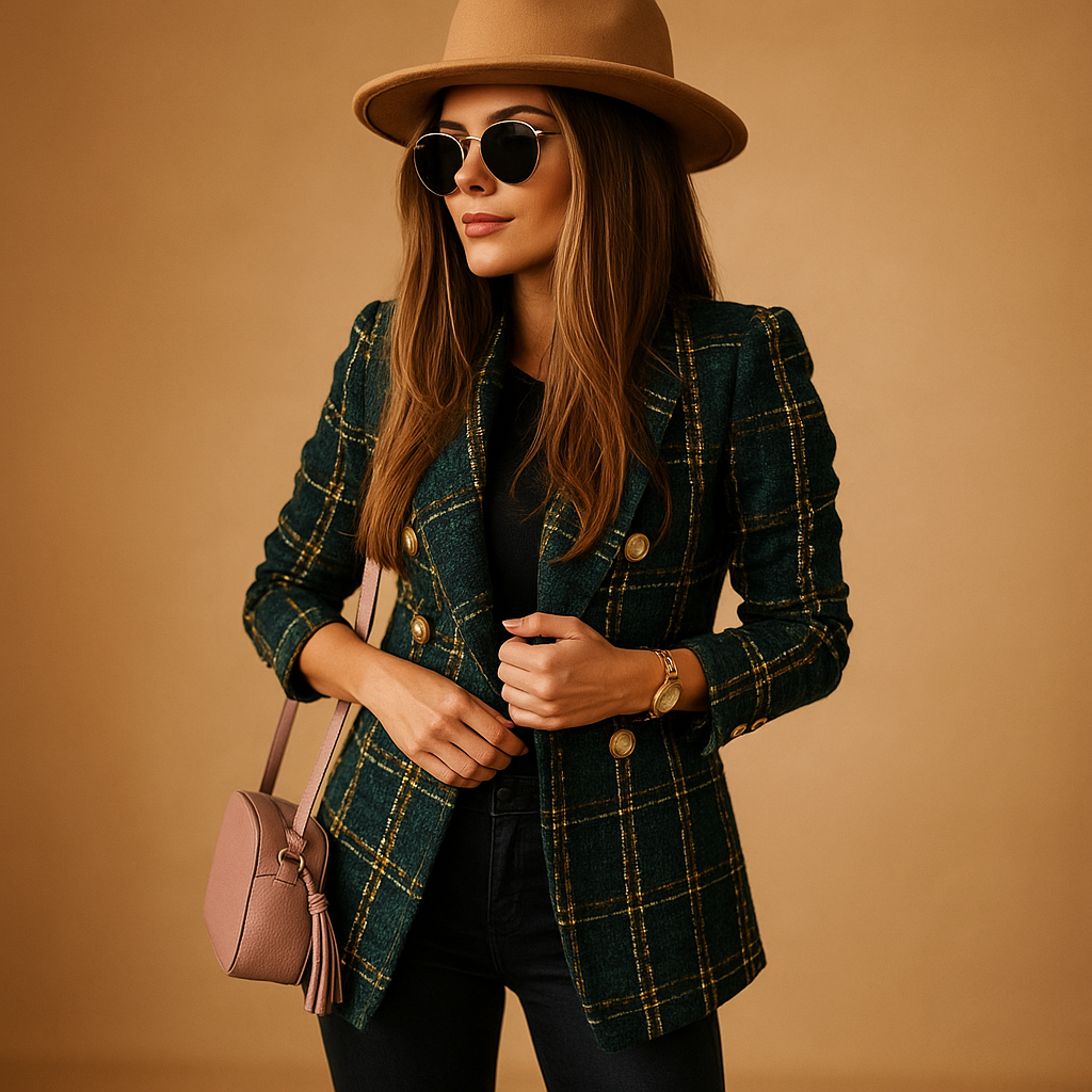 Notch Lapel Plaid Tweed Gold Button Fitted Blazer 2