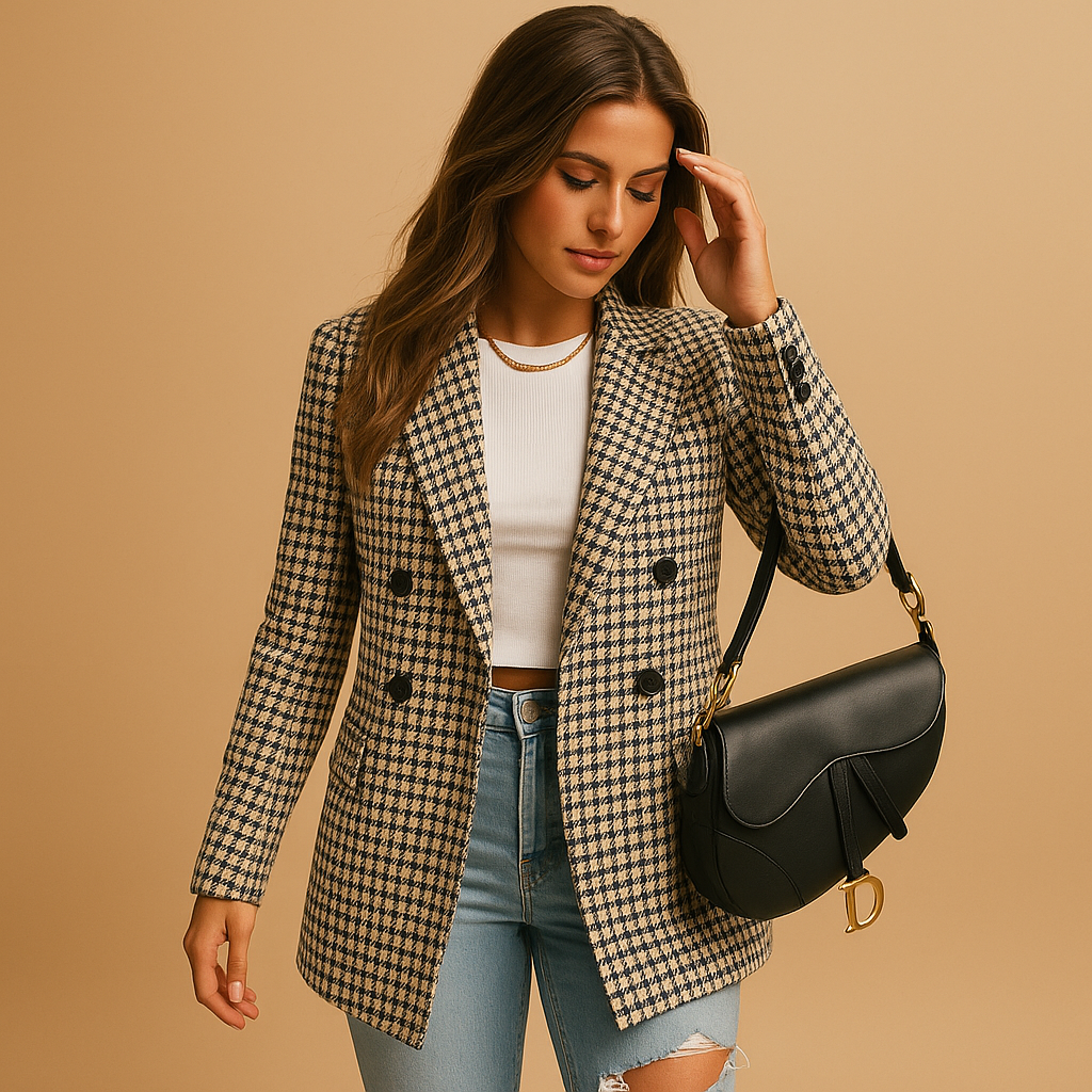 Checked Notch Lapel Houndstooth Tweed Double-Breasted Tailored Blazer