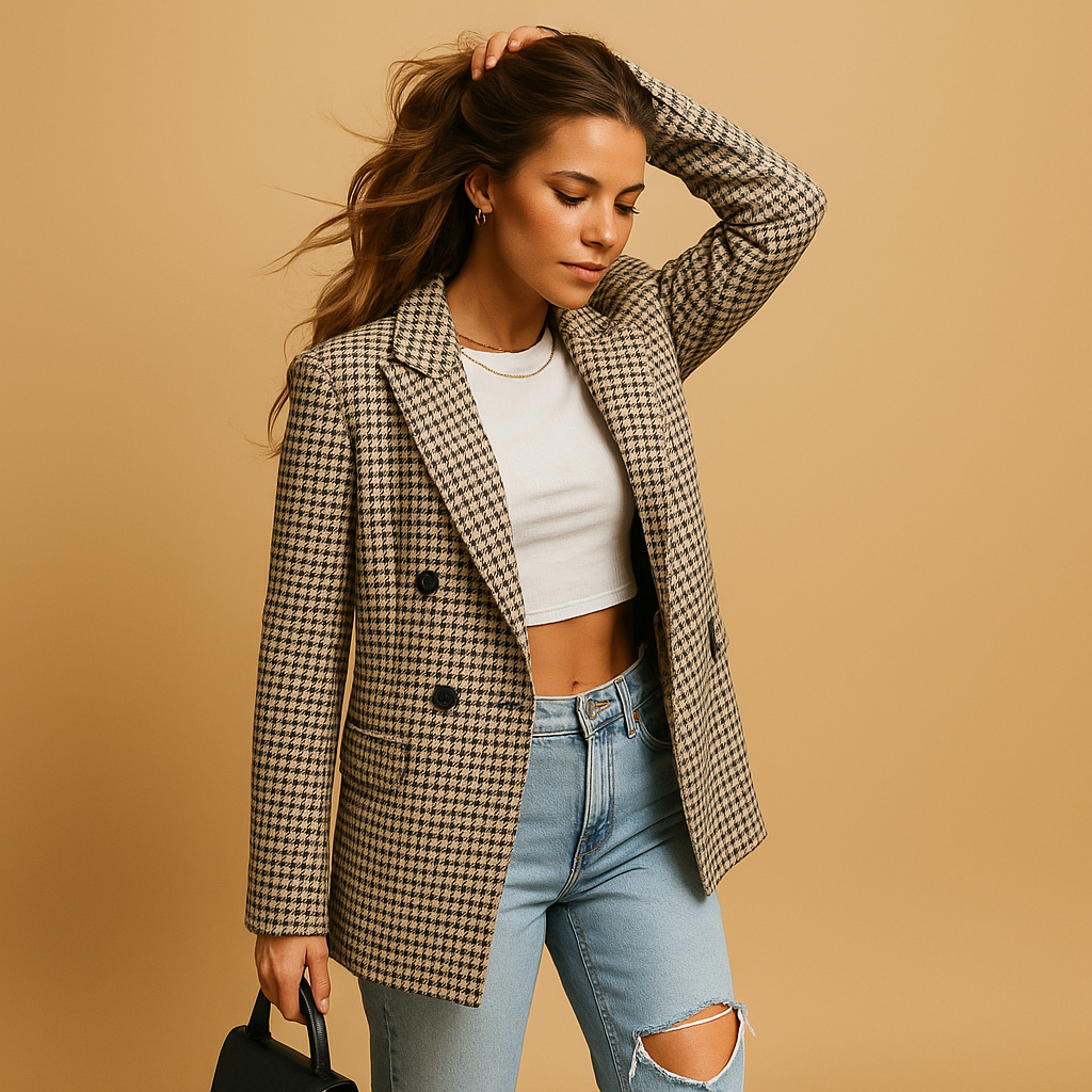 Checked Notch Lapel Houndstooth Tweed Double-Breasted Tailored Blazer