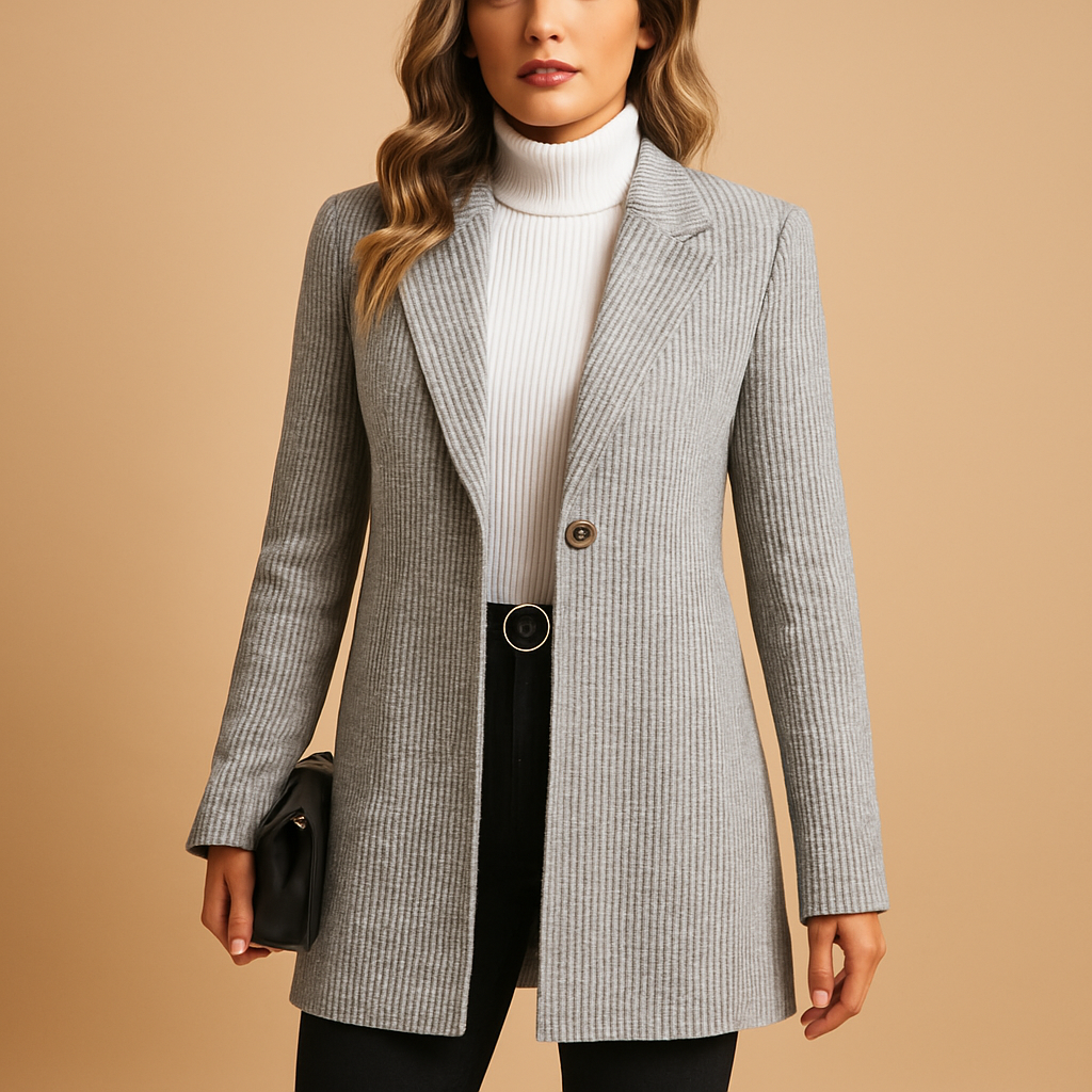 Gray Notched Lapel Single Button Ribbed Longline Tailored Blazer