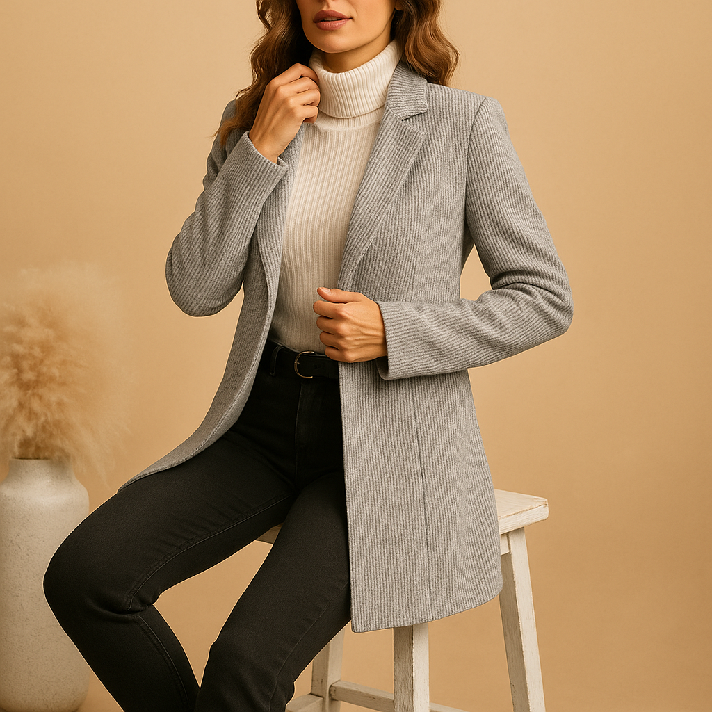 Gray Notched Lapel Single Button Ribbed Longline Tailored Blazer