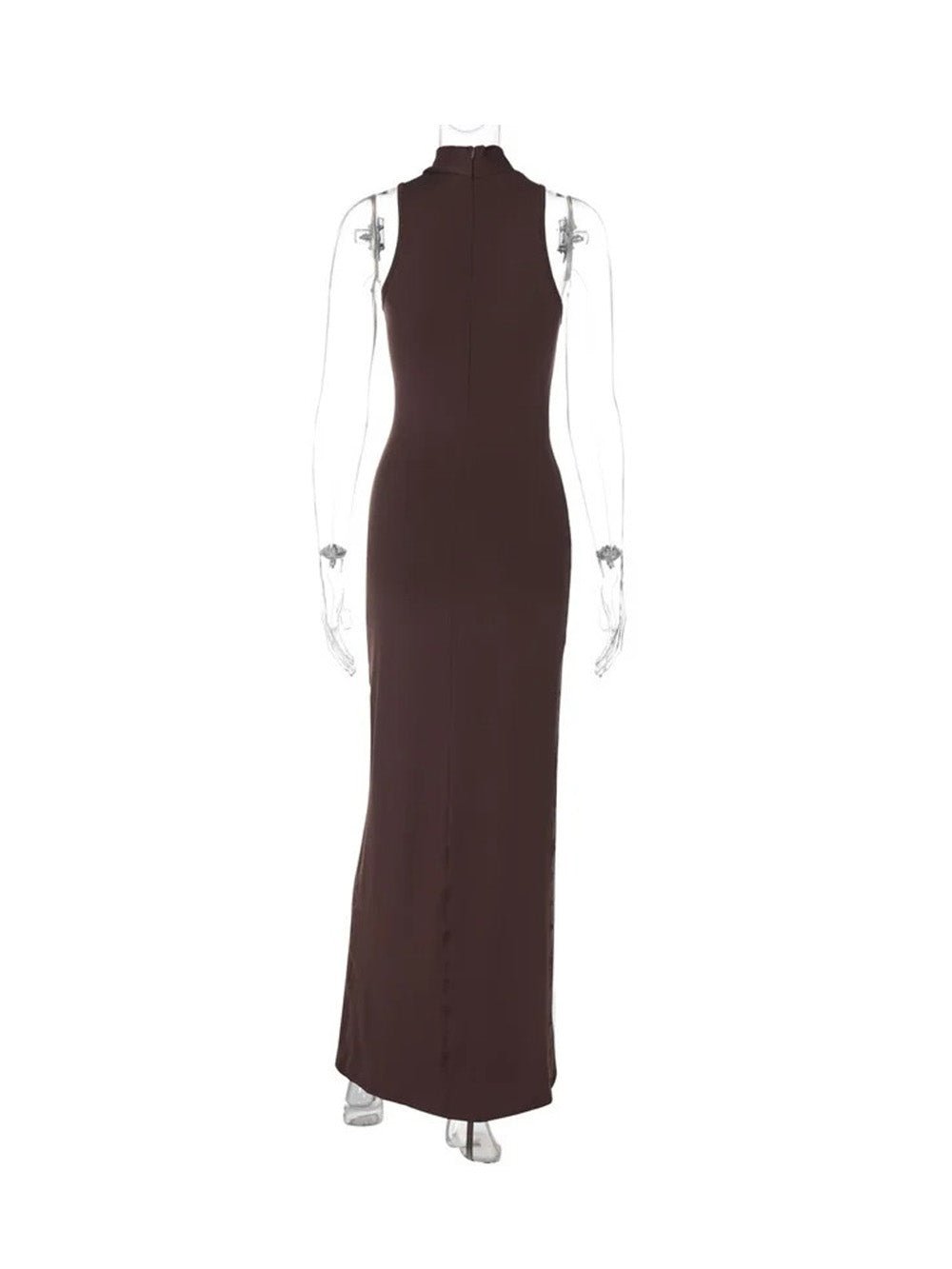 Brown Halter Mock Neck Ruched Wrap Waist High Split Maxi Dress 2
