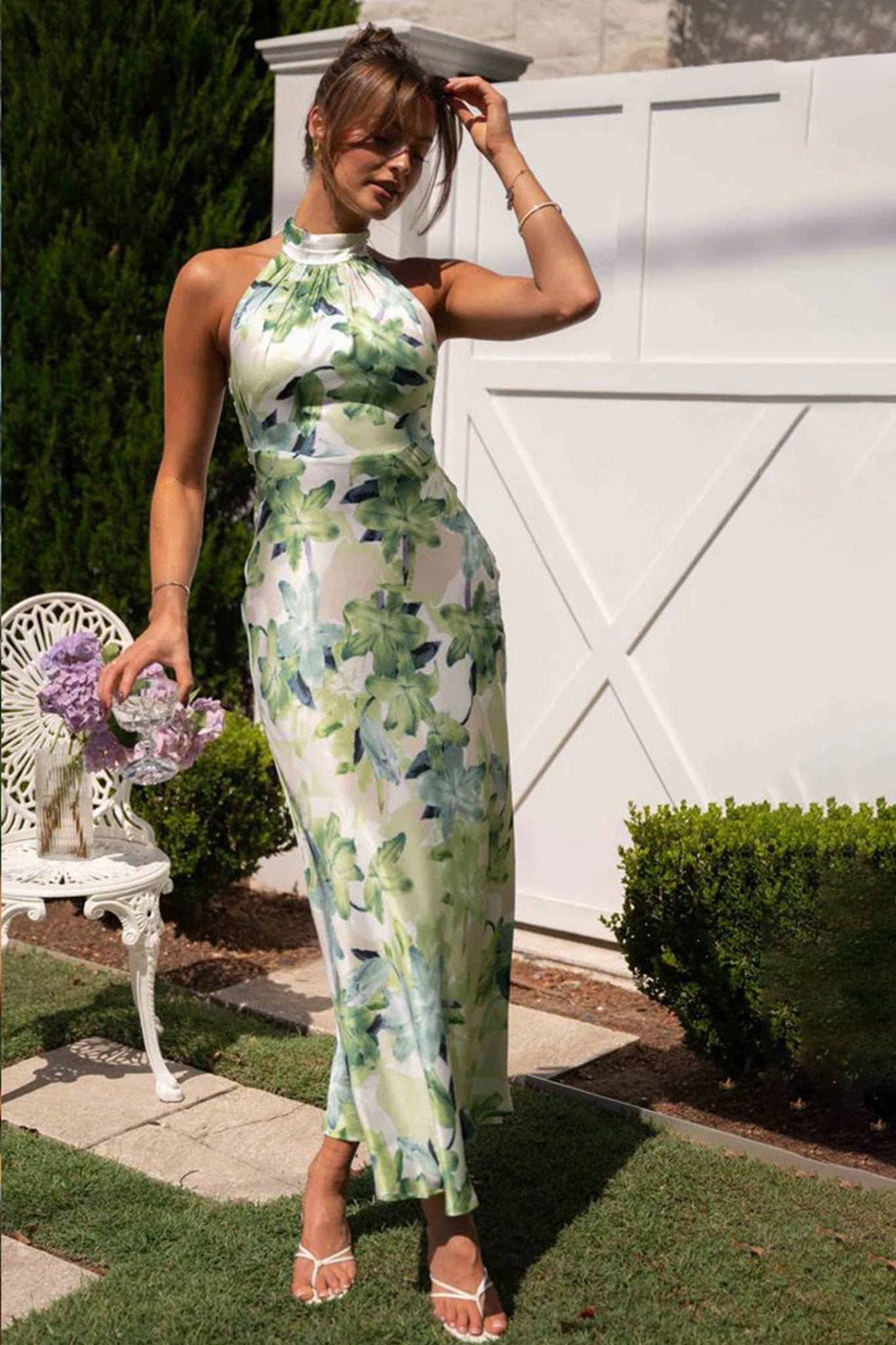 Angélica Minimalist Printed Halterneck Midi Dress in Backless Satin Evening Wear Edit