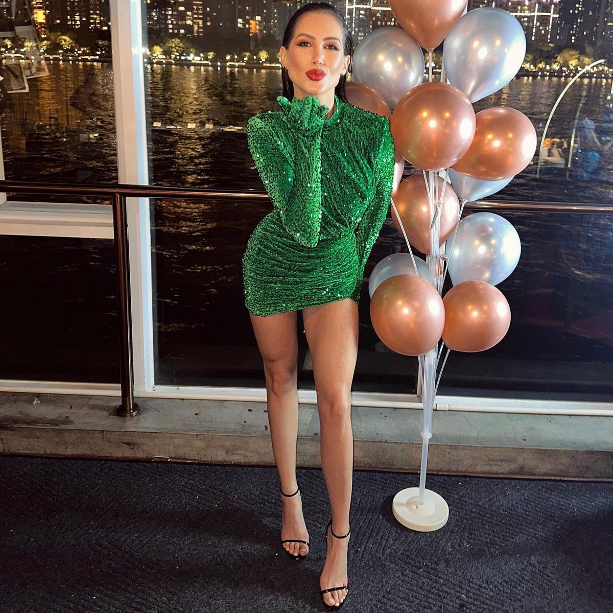 Green High Neck Long Sleeve Sequin Glove Ruched Bodycon Mini Dress 7
