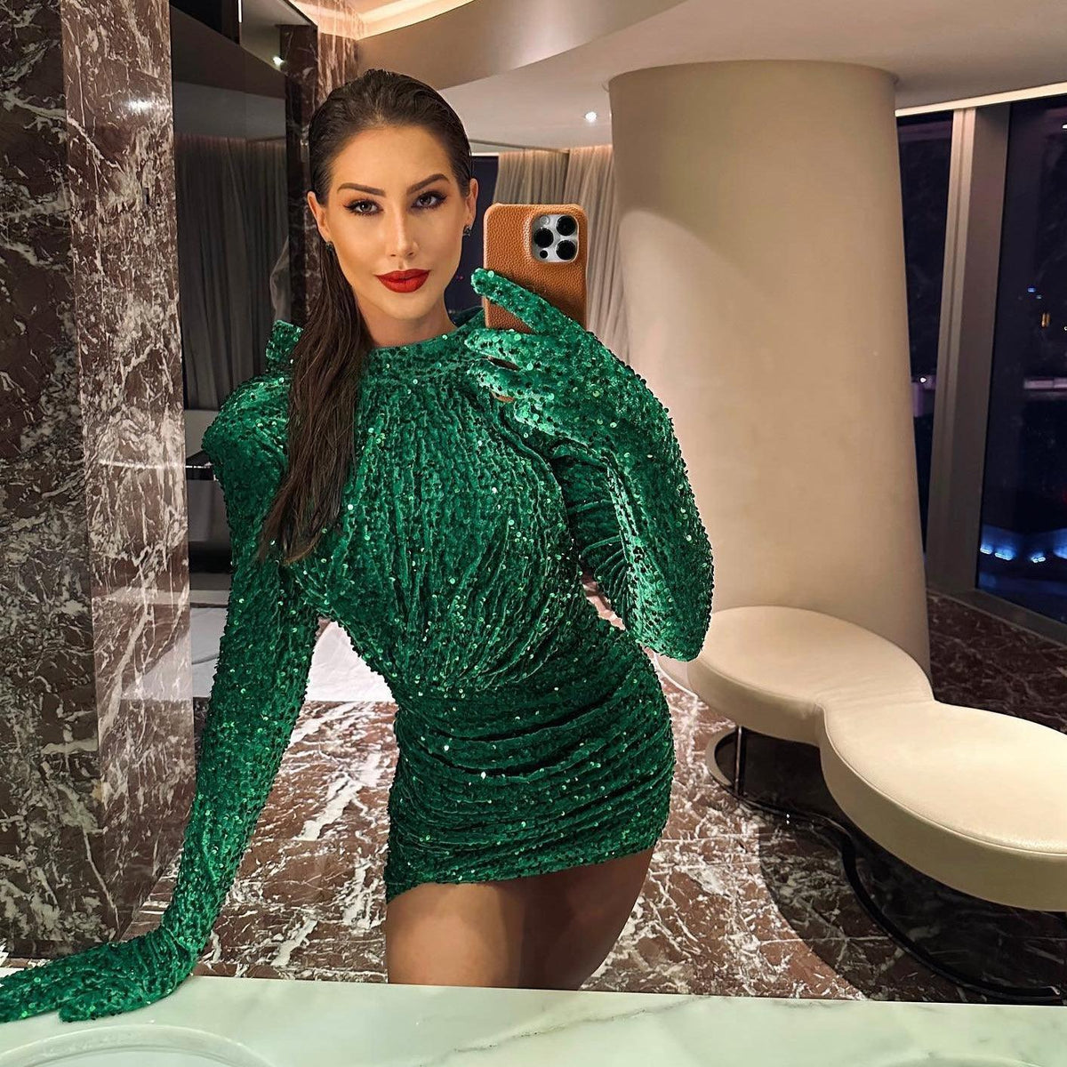 Green High Neck Long Sleeve Sequin Glove Ruched Bodycon Mini Dress 9