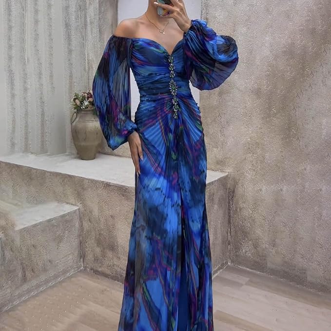 Off-Shoulder Puff Sleeve Printed Rhinestone Ruched High Slit Maxi Gown