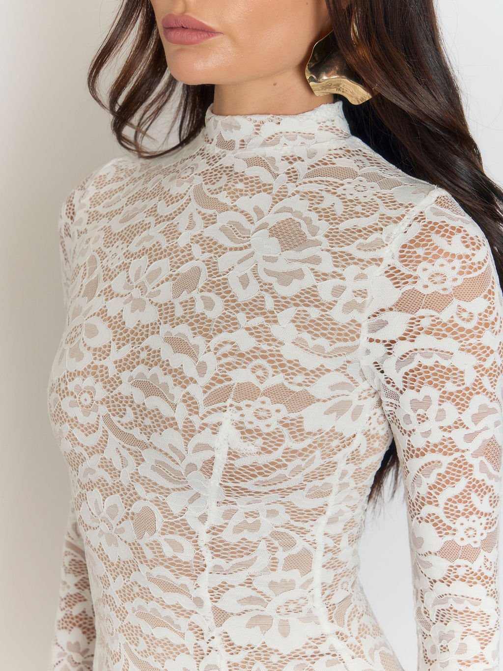 White Lace Floral High Neck Long Sleeve Bodycon Midi Dress 4