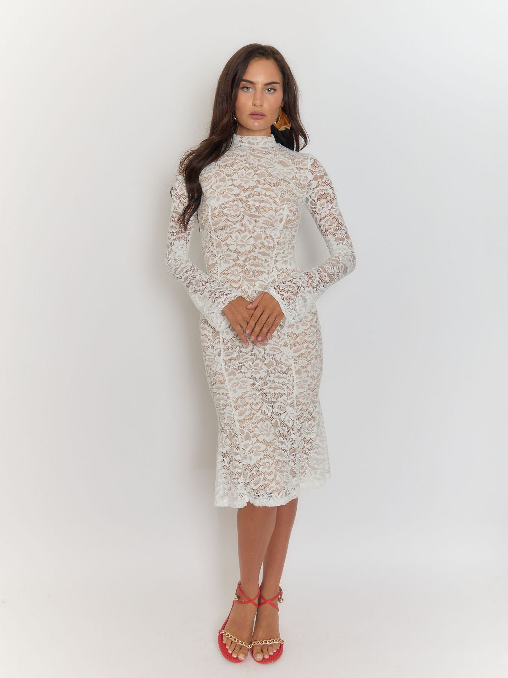 White Lace Floral High Neck Long Sleeve Bodycon Midi Dress 5