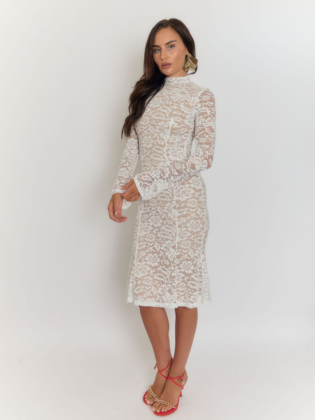 White Lace Floral High Neck Long Sleeve Bodycon Midi Dress 7