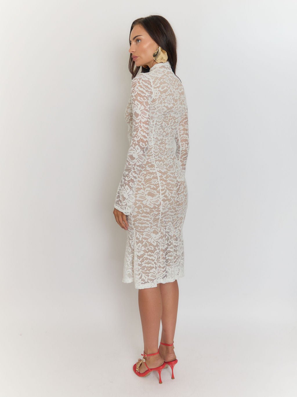 White Lace Floral High Neck Long Sleeve Bodycon Midi Dress 2