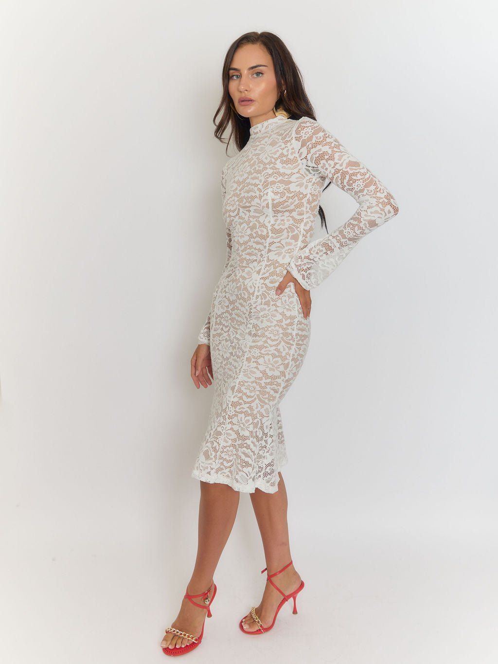 White Lace Floral High Neck Long Sleeve Bodycon Midi Dress 6
