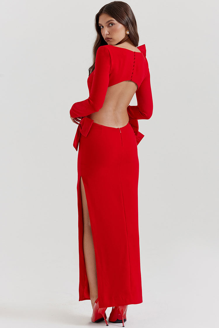 Glamorous Big Bow Crew Neck Long Sleeve Cutout Back Split Evening Maxi Dress - Red