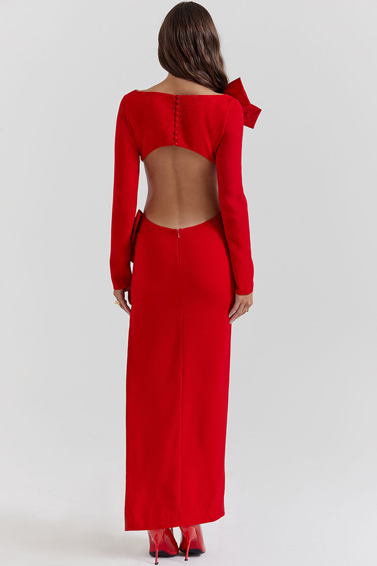 Glamorous Big Bow Crew Neck Long Sleeve Cutout Back Split Evening Maxi Dress - Red