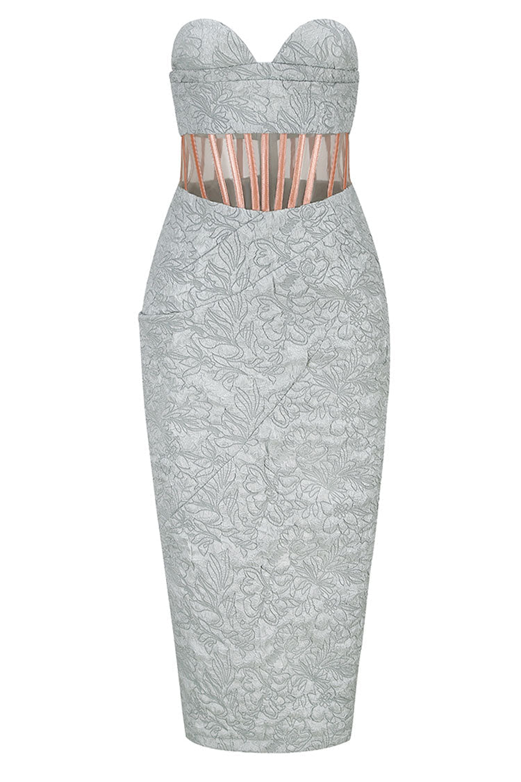Green Strapless Sweetheart Floral Jacquard Corset Waist Cutout Bodycon Midi Dress