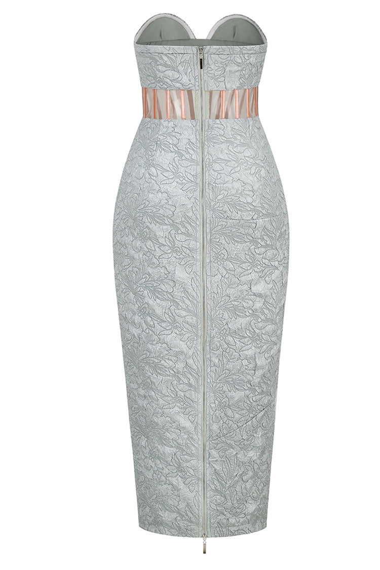 Green Strapless Sweetheart Floral Jacquard Corset Waist Cutout Bodycon Midi Dress