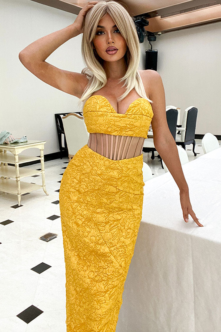 Yellow Strapless Sweetheart Floral Jacquard Corset Waist Cutout Bodycon Midi Dress