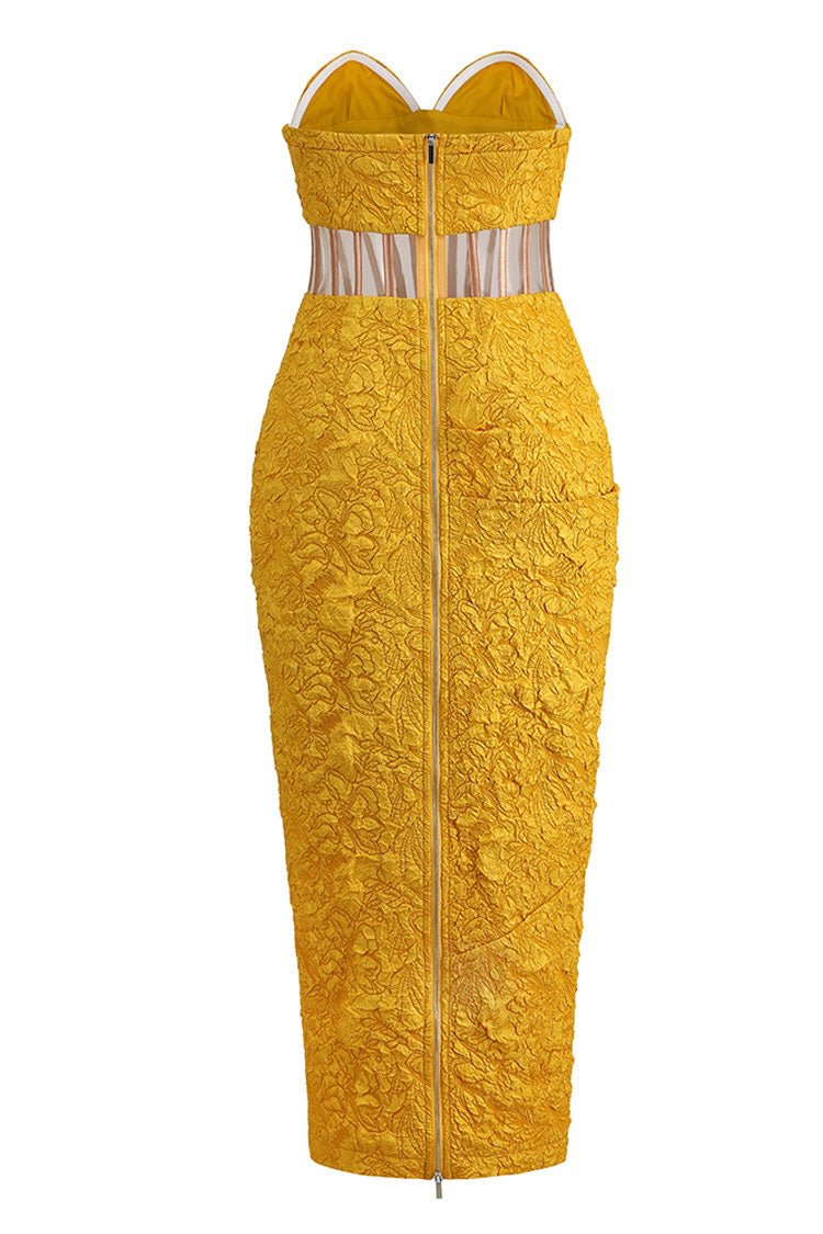Yellow Strapless Sweetheart Floral Jacquard Corset Waist Cutout Bodycon Midi Dress