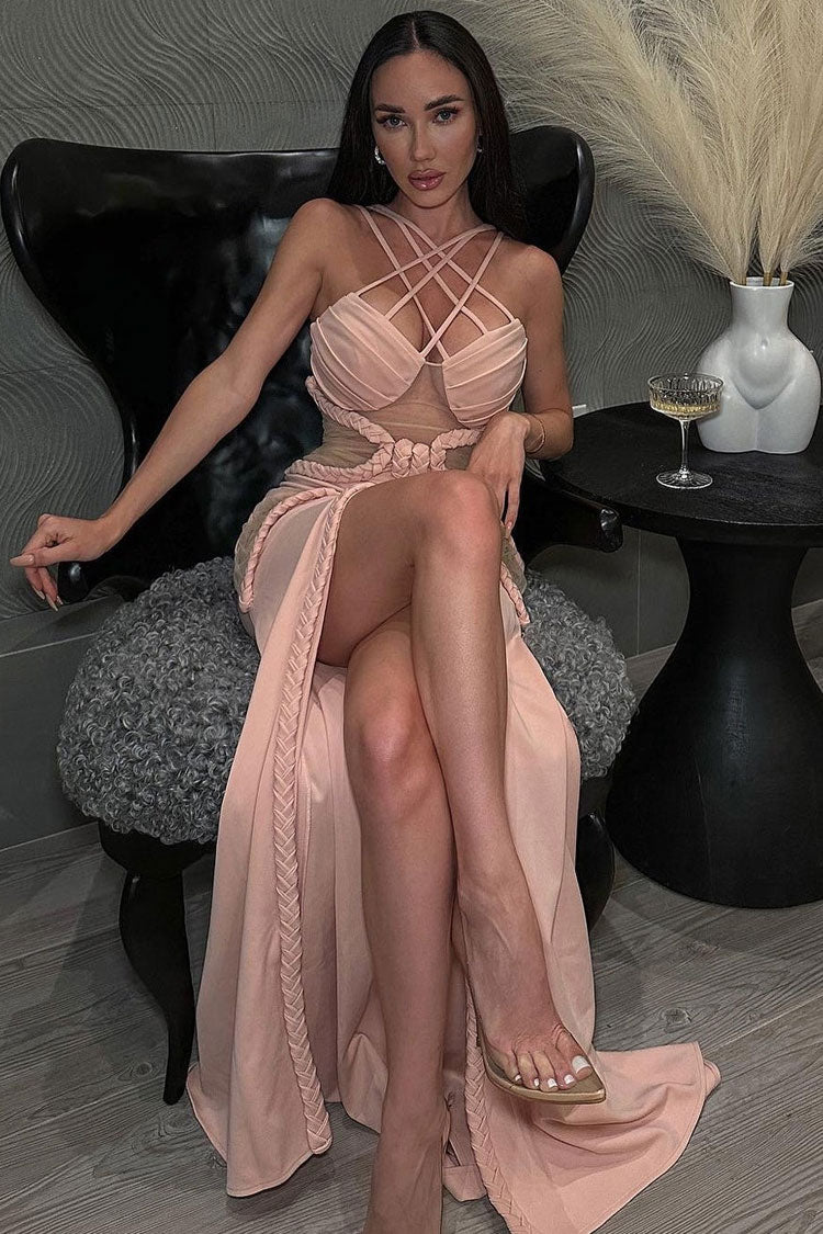 Cream Strappy Crisscross Sheer Mesh Cutout Braided Trim High Slit Maxi Dress