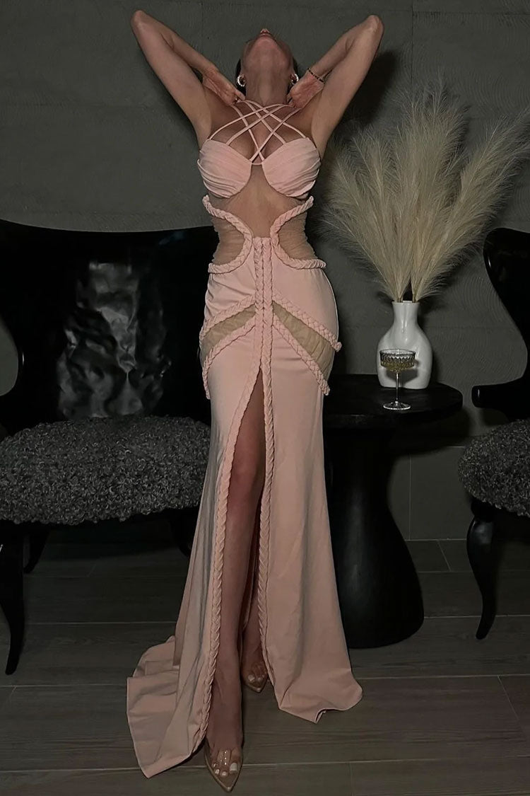 Cream Strappy Crisscross Sheer Mesh Cutout Braided Trim High Slit Maxi Dress