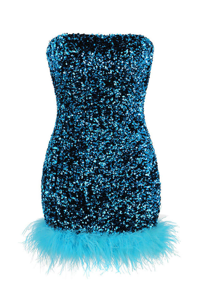 Blue Strapless Sequin Feather Trim Hem Bodycon Mini Dress