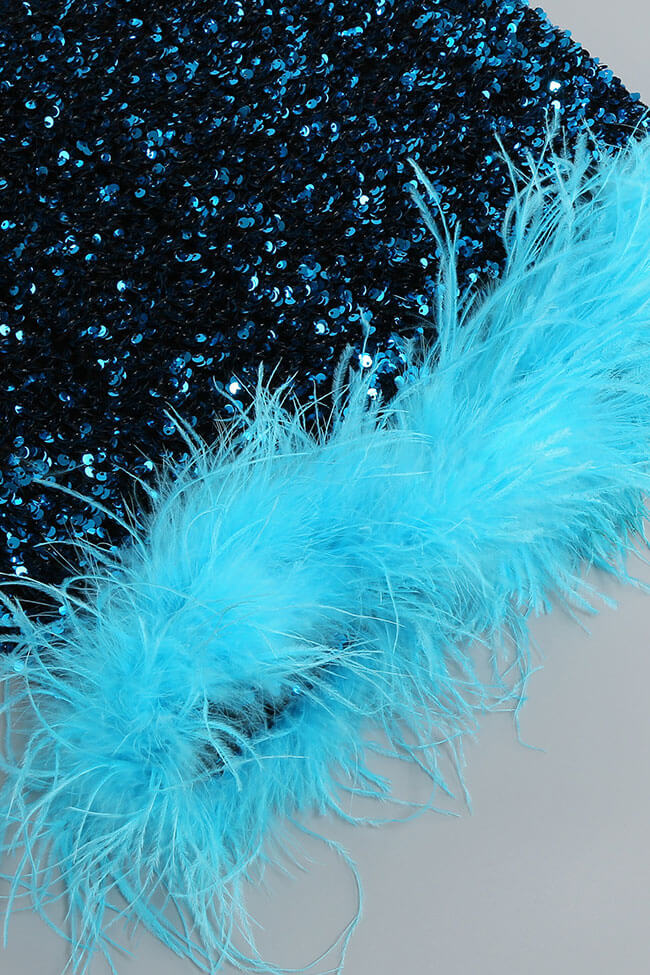 Blue Strapless Sequin Feather Trim Hem Bodycon Mini Dress