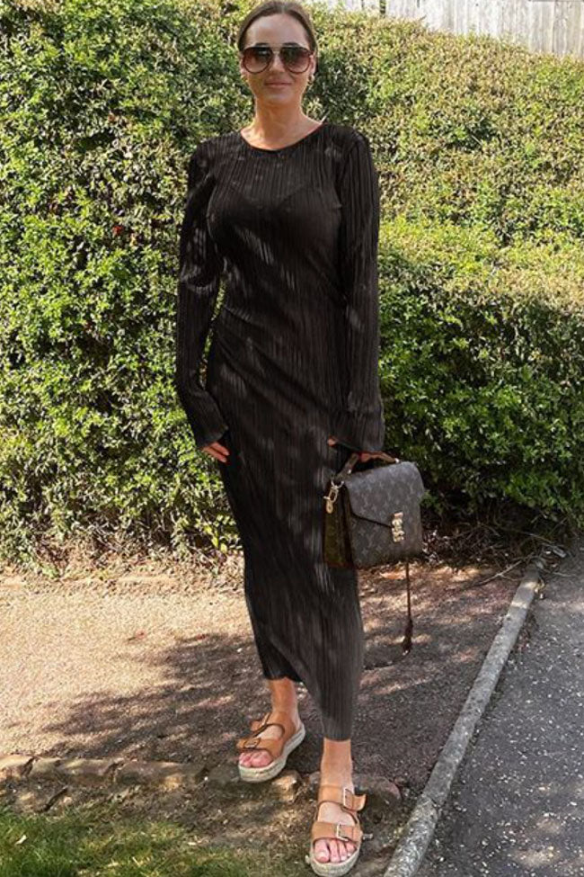 Black Round Neck Long Sleeve Plisse Pleated Column Maxi Dress