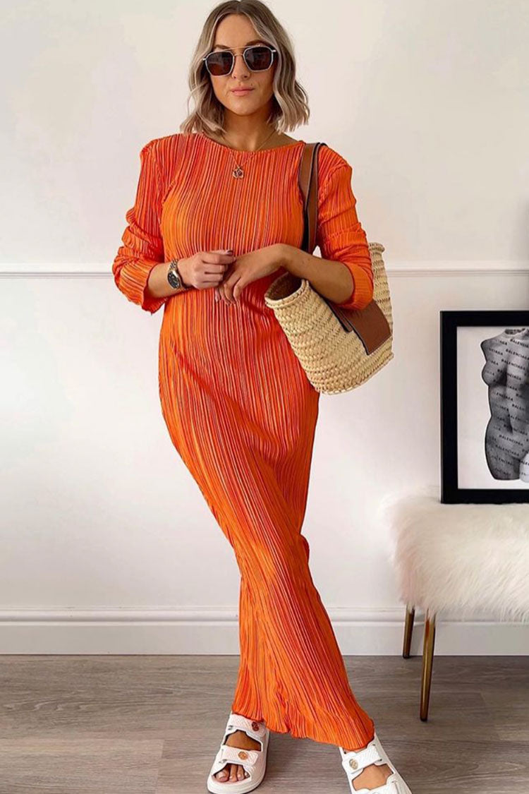 Burnt Orange Round Neck Plisse Pleated Long Sleeve Shift Maxi Dress