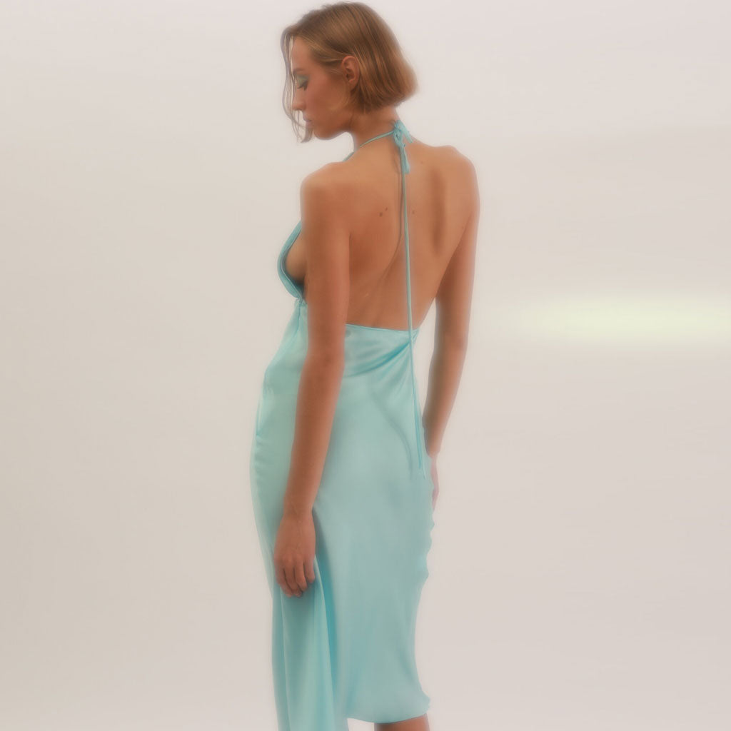 Blue Backless Halter Neck Pleated Satin A-Line Midi Dress