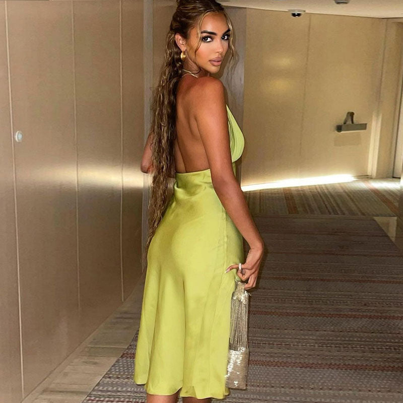 Green Backless Halter Neck Pleated Satin A-Line Midi Dress