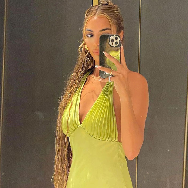 Green Backless Halter Neck Pleated Satin A-Line Midi Dress