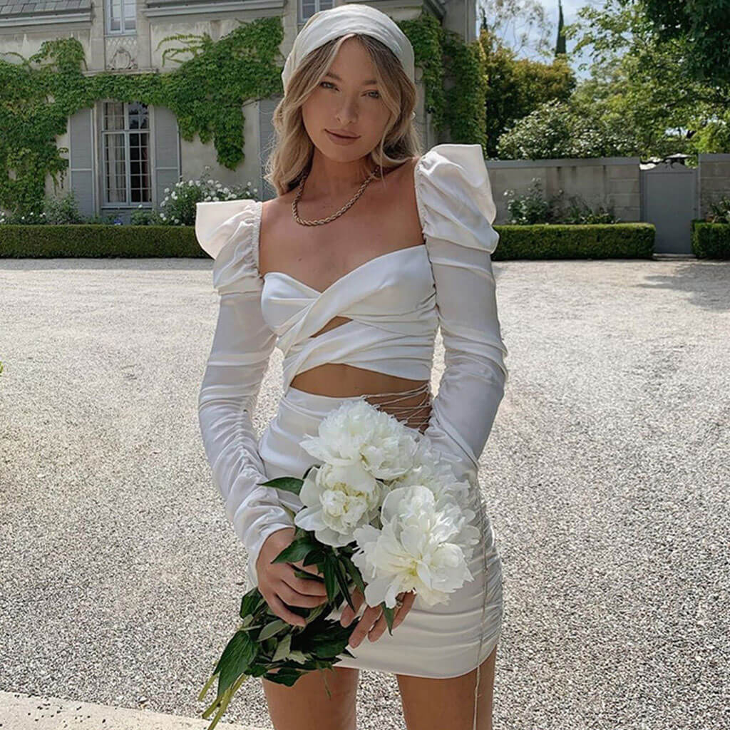 White Puff Sleeve Twist Front Cut Out Satin Bodycon Mini Dress
